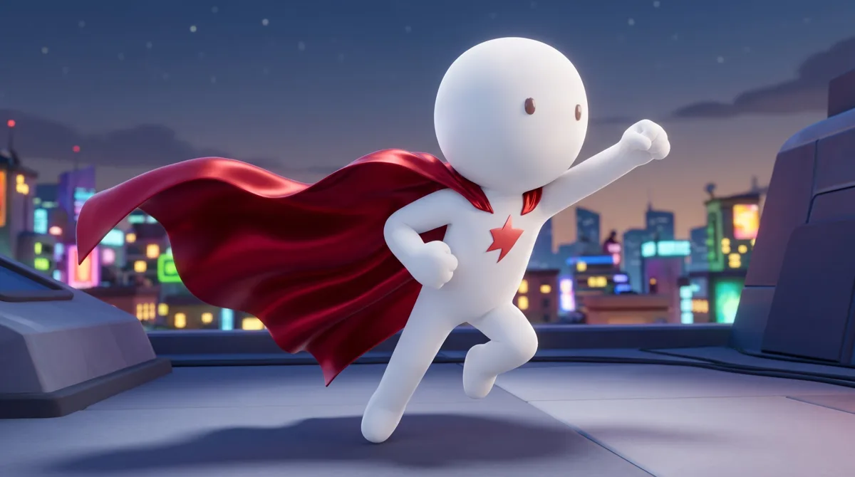 A white figure in a red cape running across a city rooftop at night